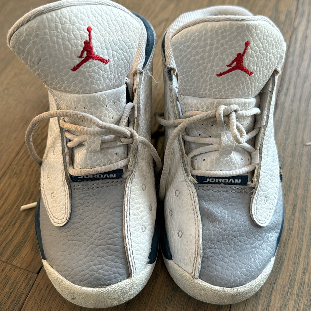 Grey blue and white Jordan’s.